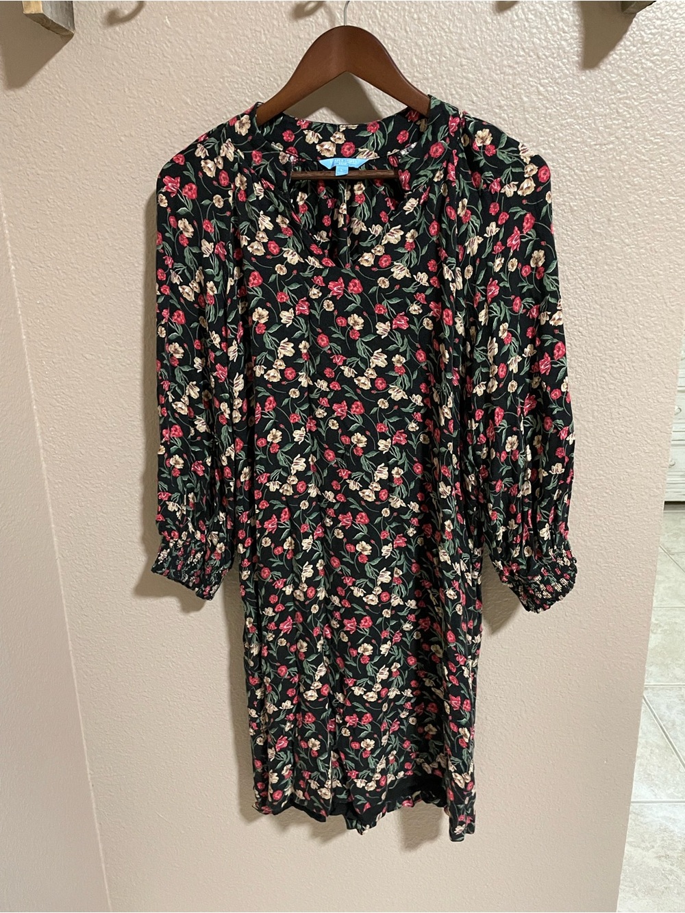 Draper James Black Floral Long Sleeve Shift Dress with Pink and Cream Blooms